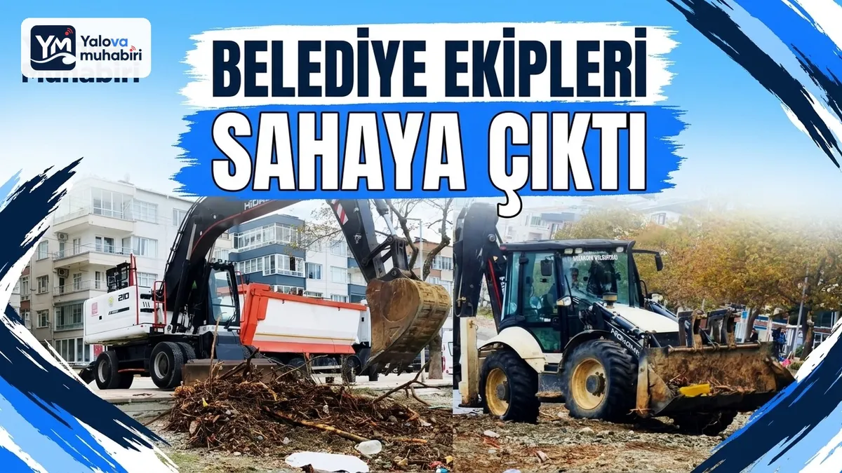 Çınarcık'ta dalgalarla kıyıya vuran yosun ve ağaç kalıntılarını temizlemek için harekete geçen belediye ekipleri, iş makineleri ve personelle Karpuzdere sahilinde sahaya çıktı.