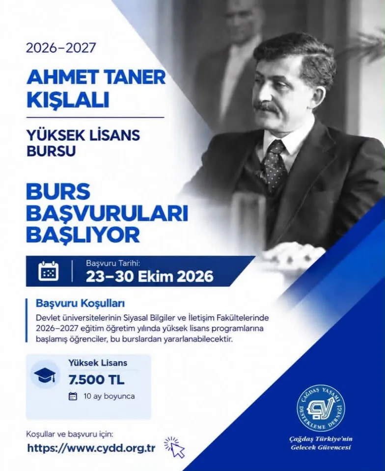 Çağdaş Yaşamı Destekleme Derneği'nin Prof. Dr. Ahmet Taner Kışlalı anısına vereceği yüksek lisans bursu için başvurular 23 Ekim 2026'da başlıyor; öğrencilere 10 ay boyunca aylık 7.500 TL destek verilecek. - Fotoğraf 1