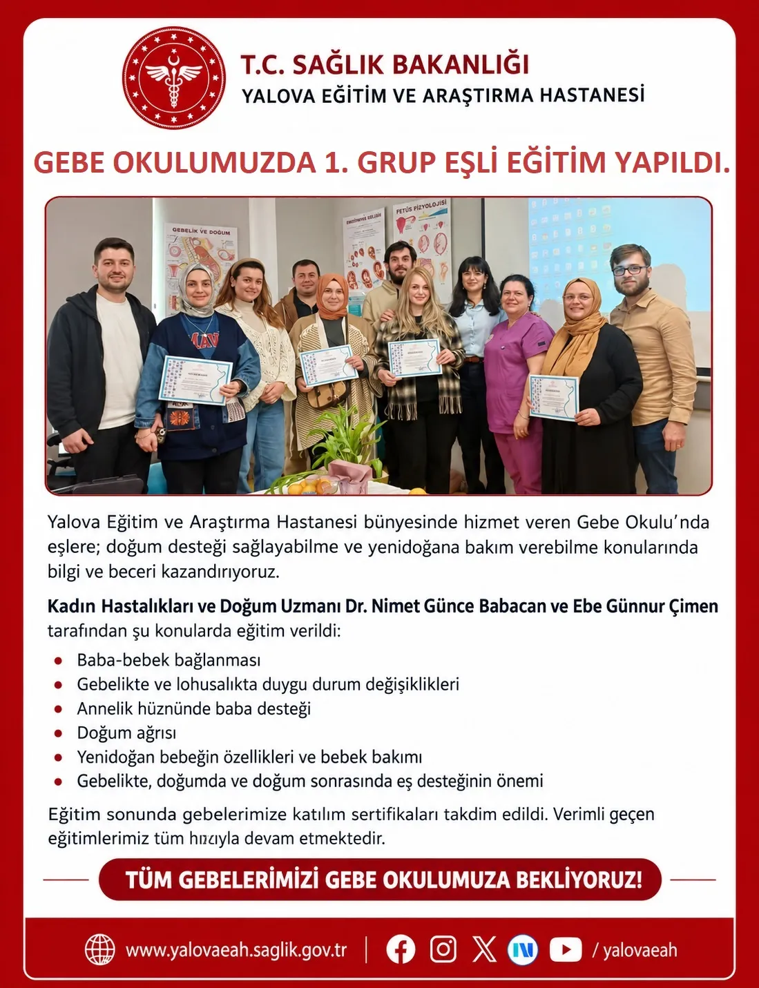 Gebe Okulu'nda açılan birinci grup eşli eğitim programında anne ve baba adaylarına doğum süreci, bebek bakımı ve eş desteği anlatıldı; katılımcı gebelere sertifika verildi. - Fotoğraf 1