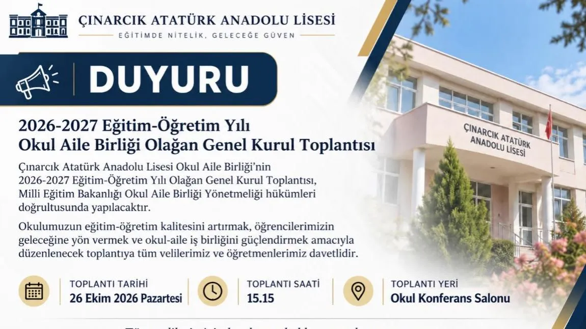 Çınarcık'ta lise idaresi ve birlik başkanlığı, 2026-2027 eğitim-öğretim Yılı olağan genel kurulunun 26 Ekim Pazartesi günü saat 15.15'te yapılacağını açıkladı. - Fotoğraf 1
