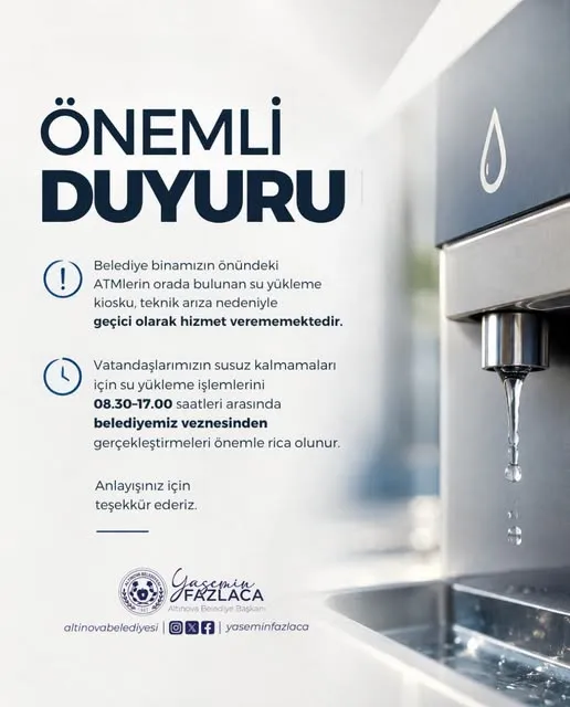 Altınova'da belediye binası yakınındaki su yükleme kioskunda teknik arıza meydana geldi; vatandaşların işlemlerini 08.30–17.00 saatleri arasında vezneden yapabileceği bildirildi. - Fotoğraf 1