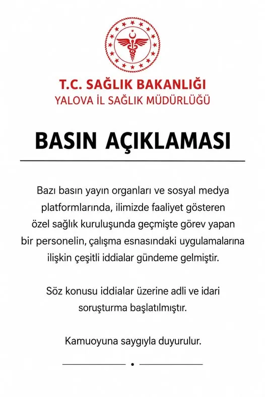 Yalova'da bir özel sağlık kuruluşunda geçmişte çalışan personelin uygulamalarına yönelik basında ve sosyal medyada yer alan iddialar üzerine adli ve idari soruşturma başlatıldı. - Fotoğraf 1