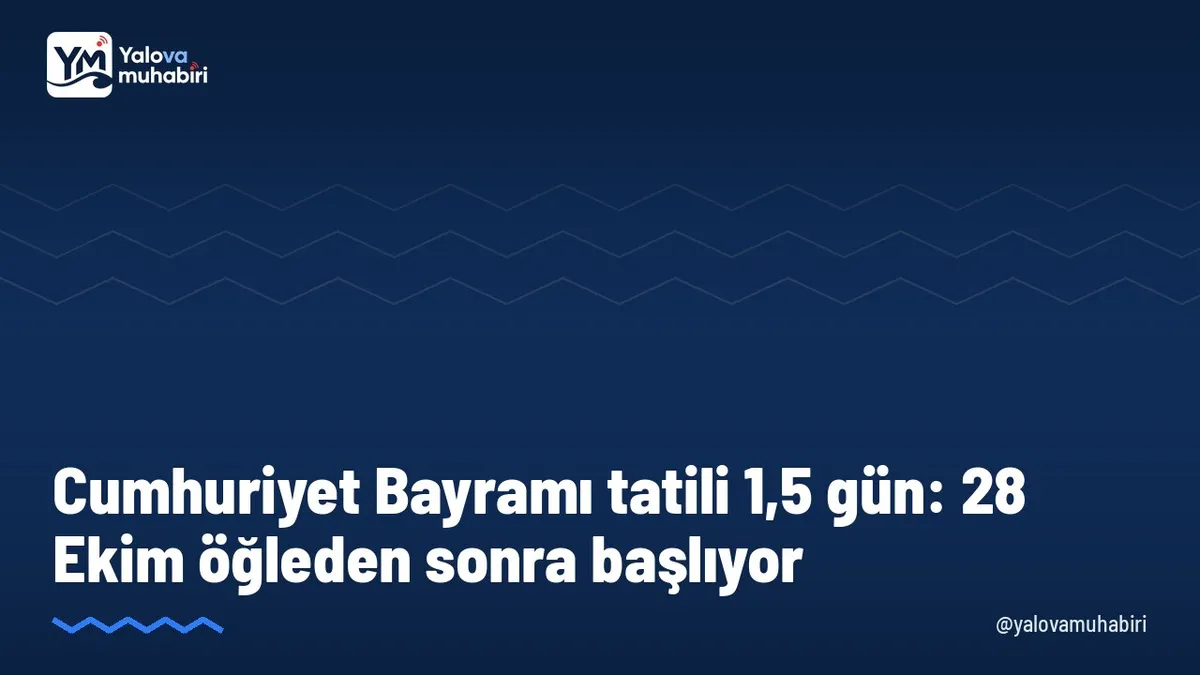 Cumhuriyet Bayramı nedeniyle 29 Ekim Perşembe resmî tatil olacak. Bayram 28 Ekim Çarşamba saat 13.00'te başlayacak; kamu kurumlarında o gün öğleden sonra çalışılmayacak.