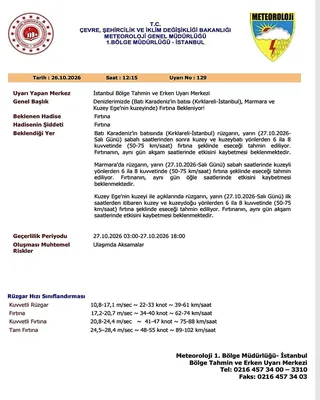 METEOROLOJİ verilerine göre Marmara'da 27 Ekim Salı günü sabah saatlerinden itibaren Fırtına beklenirken, ulaşımda yaşanabilecek aksamalara karşı tedbirli olunması istendi. - Küçük görsel 2
