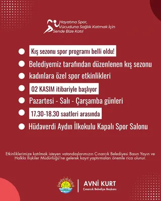 Çınarcık Belediyesi tarafından kadınlar için düzenlenen kış sezonu spor etkinlikleri 02 Kasım 2026 Pazartesi günü başlıyor; çalışmalar Hüdaverdi Aydın İlkokulu Kapalı Spor Salonu'nda yürütülecek. - Küçük görsel 4