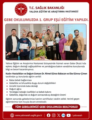 Gebe Okulu'nda açılan birinci grup eşli eğitim programında anne ve baba adaylarına doğum süreci, bebek bakımı ve eş desteği anlatıldı; katılımcı gebelere sertifika verildi. - Küçük görsel 2