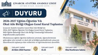 Çınarcık'ta lise idaresi ve birlik başkanlığı, 2026-2027 eğitim-öğretim Yılı olağan genel kurulunun 26 Ekim Pazartesi günü saat 15.15'te yapılacağını açıkladı. - Küçük görsel 2