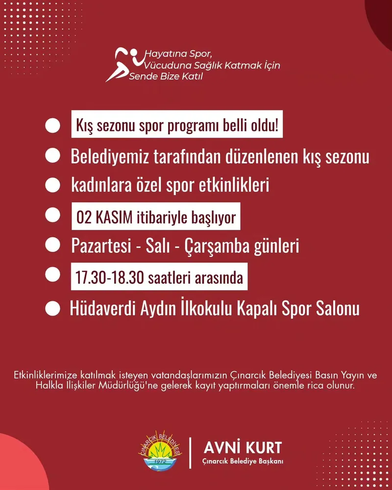 Çınarcık Belediyesi tarafından kadınlar için düzenlenen kış sezonu spor etkinlikleri 02 Kasım 2026 Pazartesi günü başlıyor; çalışmalar Hüdaverdi Aydın İlkokulu Kapalı Spor Salonu'nda yürütülecek. - Fotoğraf 3
