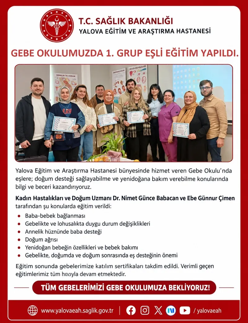 Gebe Okulu'nda açılan birinci grup eşli eğitim programında anne ve baba adaylarına doğum süreci, bebek bakımı ve eş desteği anlatıldı; katılımcı gebelere sertifika verildi. - Fotoğraf 1