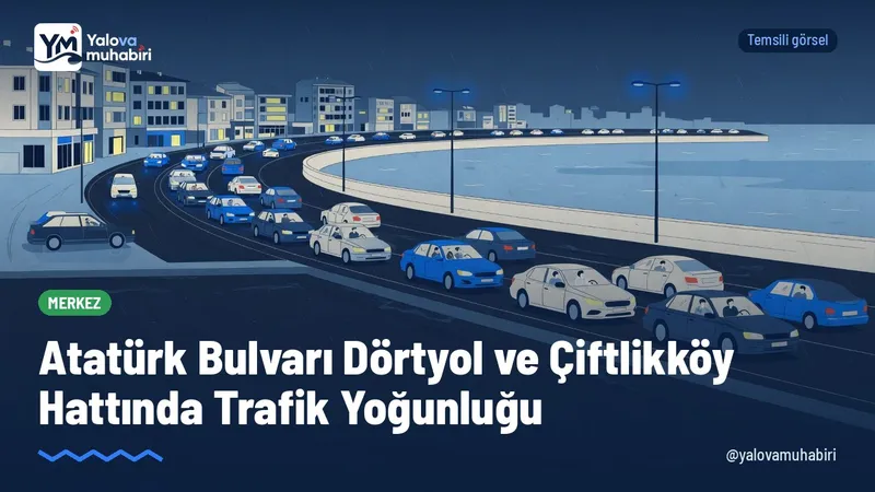 Yalova'da Atatürk Bulvarı Dörtyol kesimi ile Çiftlikköy yönünde akşam saatlerinde araç yoğunluğu yaşandı; yağışlı havayla birlikte sürücülere güvenli takip ve dikkatli sürüş çağrısı yapıldı.