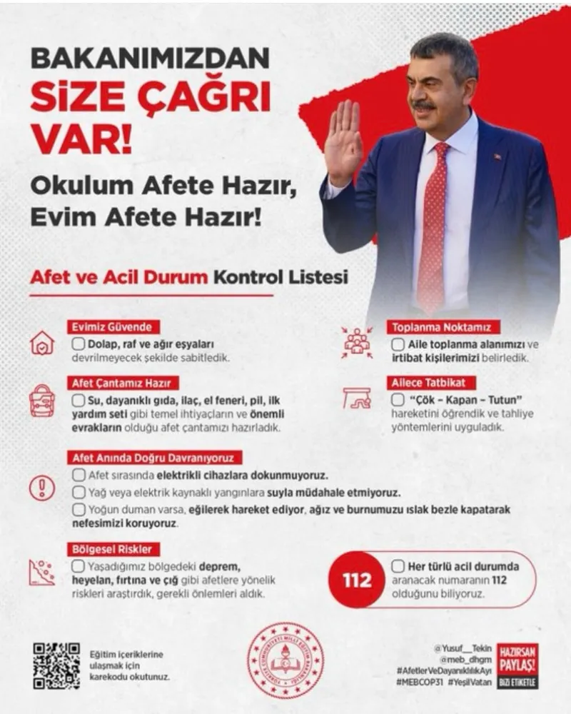 Ekim ayı "Afetler ve Dayanıklılık Ayı" kapsamında velilerin evlerinde kontrol listesine göre hazırlık yapmaları teşvik edilirken, öğrencilerle afet eğitimi etkinlikleri sürdürülüyor. - Fotoğraf 1